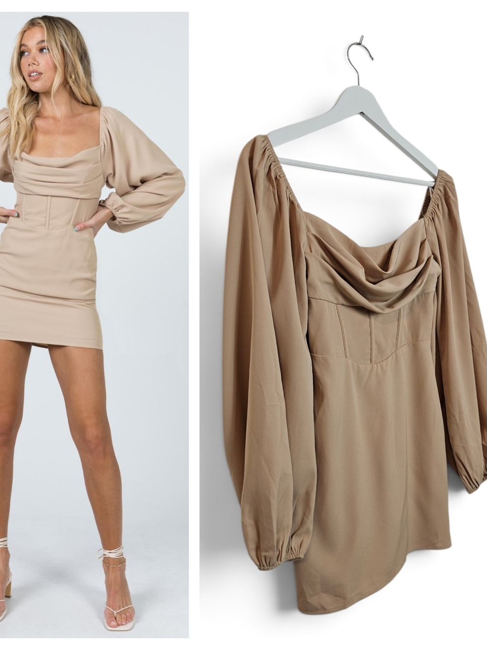 Princess Polly Lillie Long Sleeve Mini Dress Size 0 Corset Cowl Neck Party Beige
